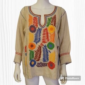 SISTER MARY Gloria Mexican Floral Embroidered Linen Fiesta Festival Tunic